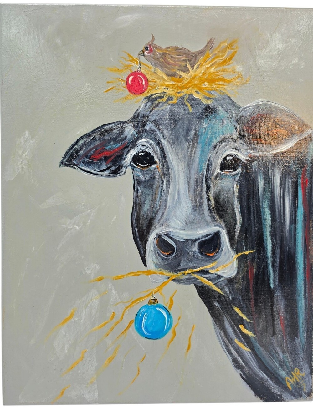 Signed Original Acrylic Painting on Canvas Cow Bird Christmas 16x20